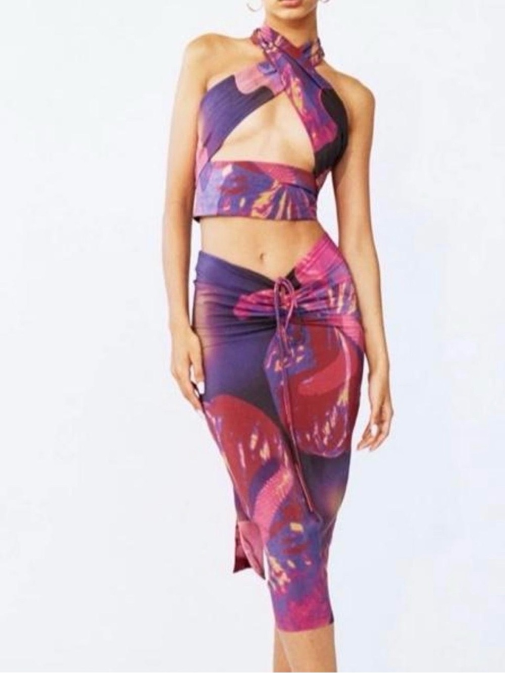 With Jean Purple and Pink Printed Halter Crop Top & Sarong Skirt Set